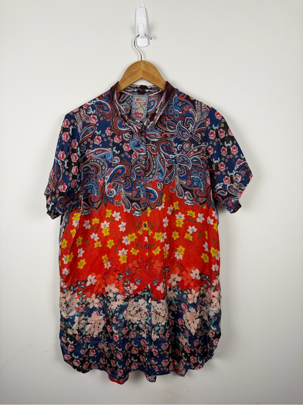 Johnny Was Navy, Red & Yellow Paisley Floral Button-Front Blouse
